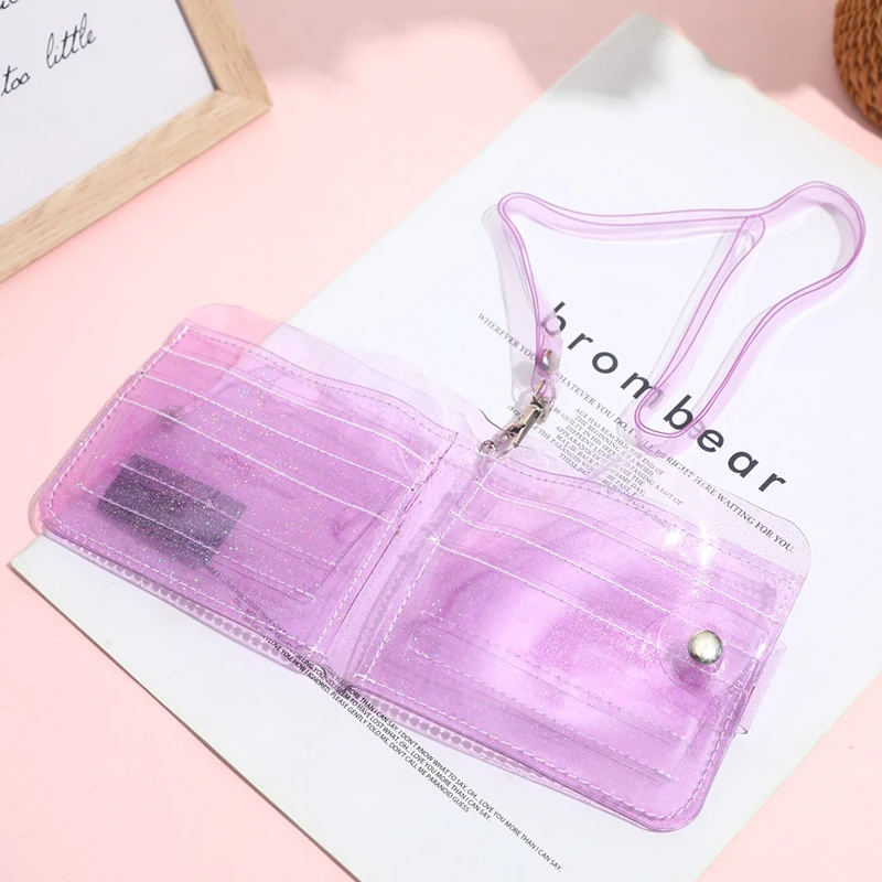 Monedero transparente de PVC para mujer, bolsa de gelatina transparente con láser, Mini portatarjetas de crédito, monedero transparente con cordón para el cuello