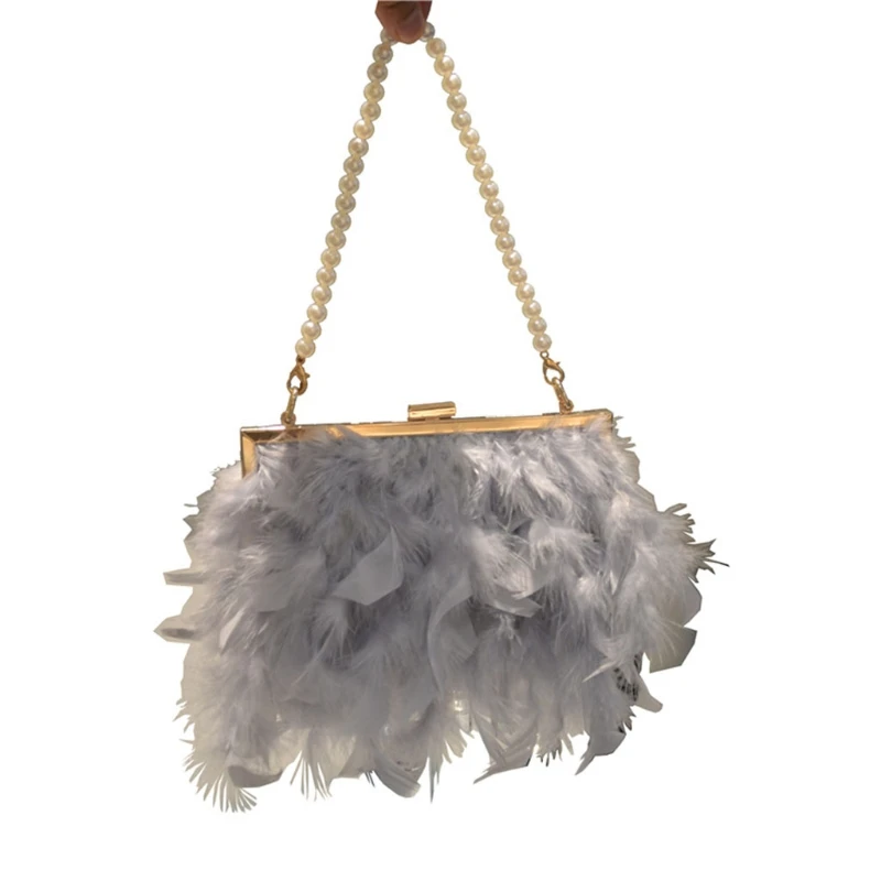 Ostrich Feather Tote Evening Dress Bag Shoulder Bag Party Money Bag Wallet Clutch Pearl Chain Bag Gift for Women Girls