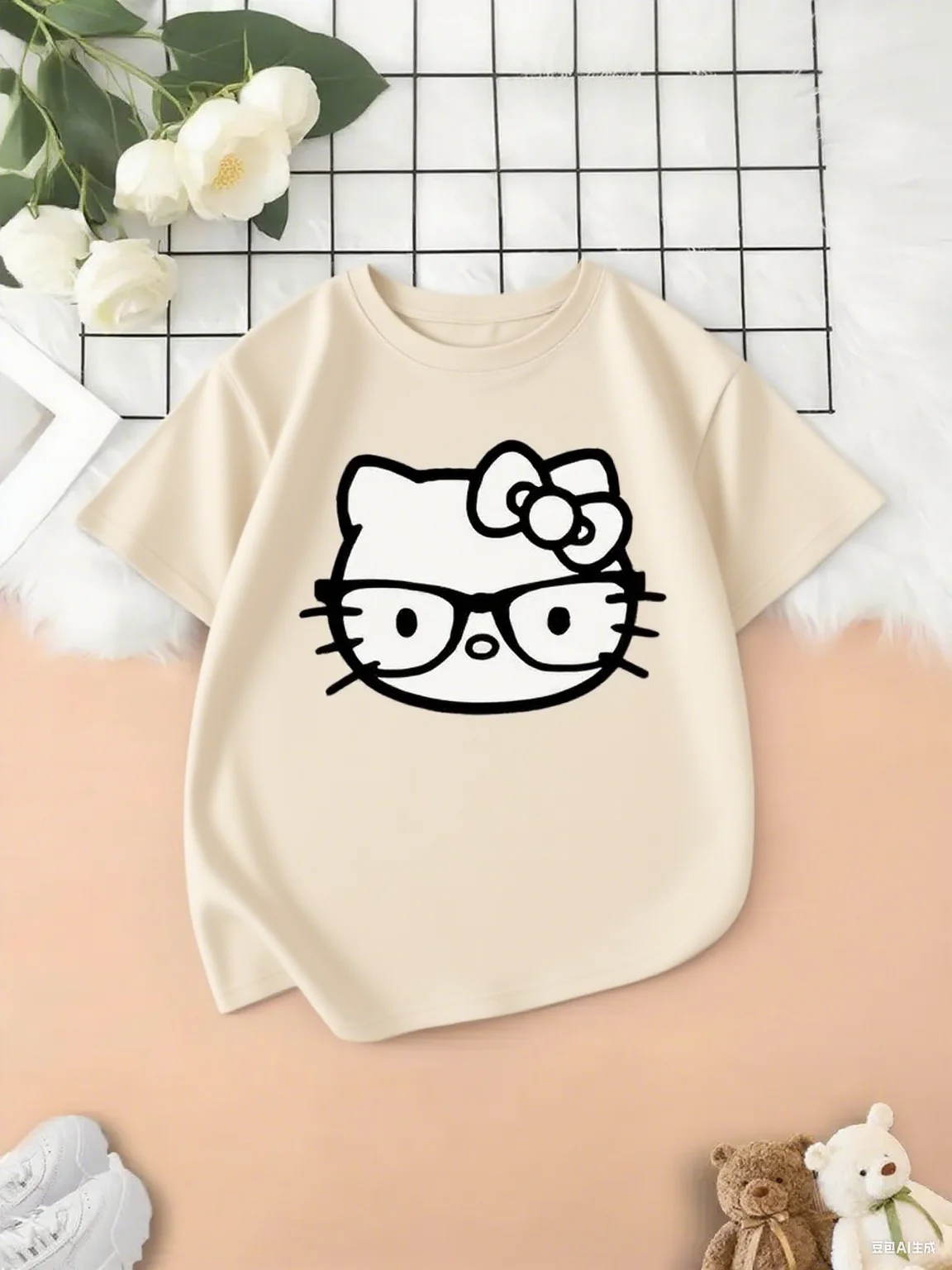 

Hello Kitty Bow and Glasses Cotton T Shirt Charming Cartoon Print for Daily Brand Streetwear Print New Arrival Tee S-4XL