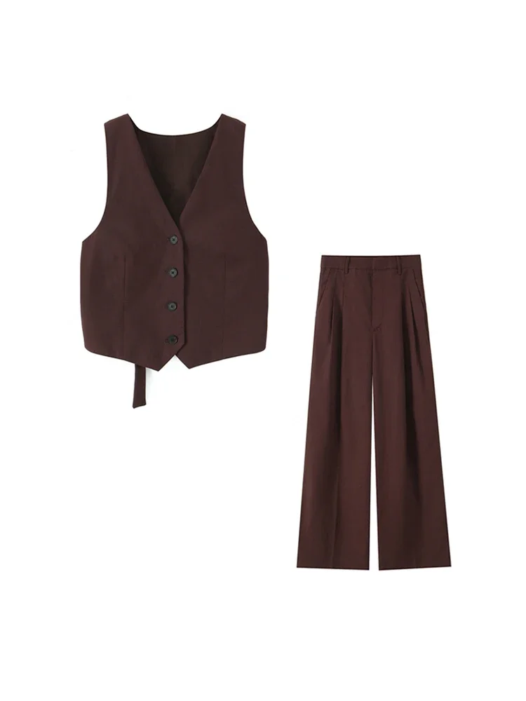 

GELITAYIN Women's Fashion Cut-out Back Waistcoat High Waist Pleated Trousers Two Piece Set Elegant Female Outfit