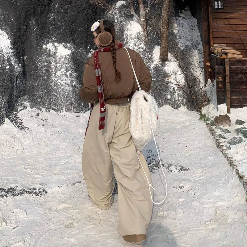 الشتاء رشاقته الدافئة الصوف السراويل النساء Y2K الأمريكية الرجعية فضفاض Sweatpants الإناث Harajuku عالية الخصر الهيب هوب واسعة الساق بنطلون #6