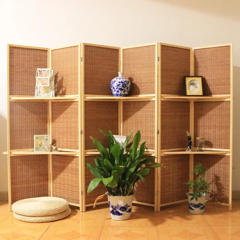 Living Room Bedroom Restaurant Modern Chinese All Solid Wood Screen Entrance Partition Bamboo Weaving  Movable Folding S