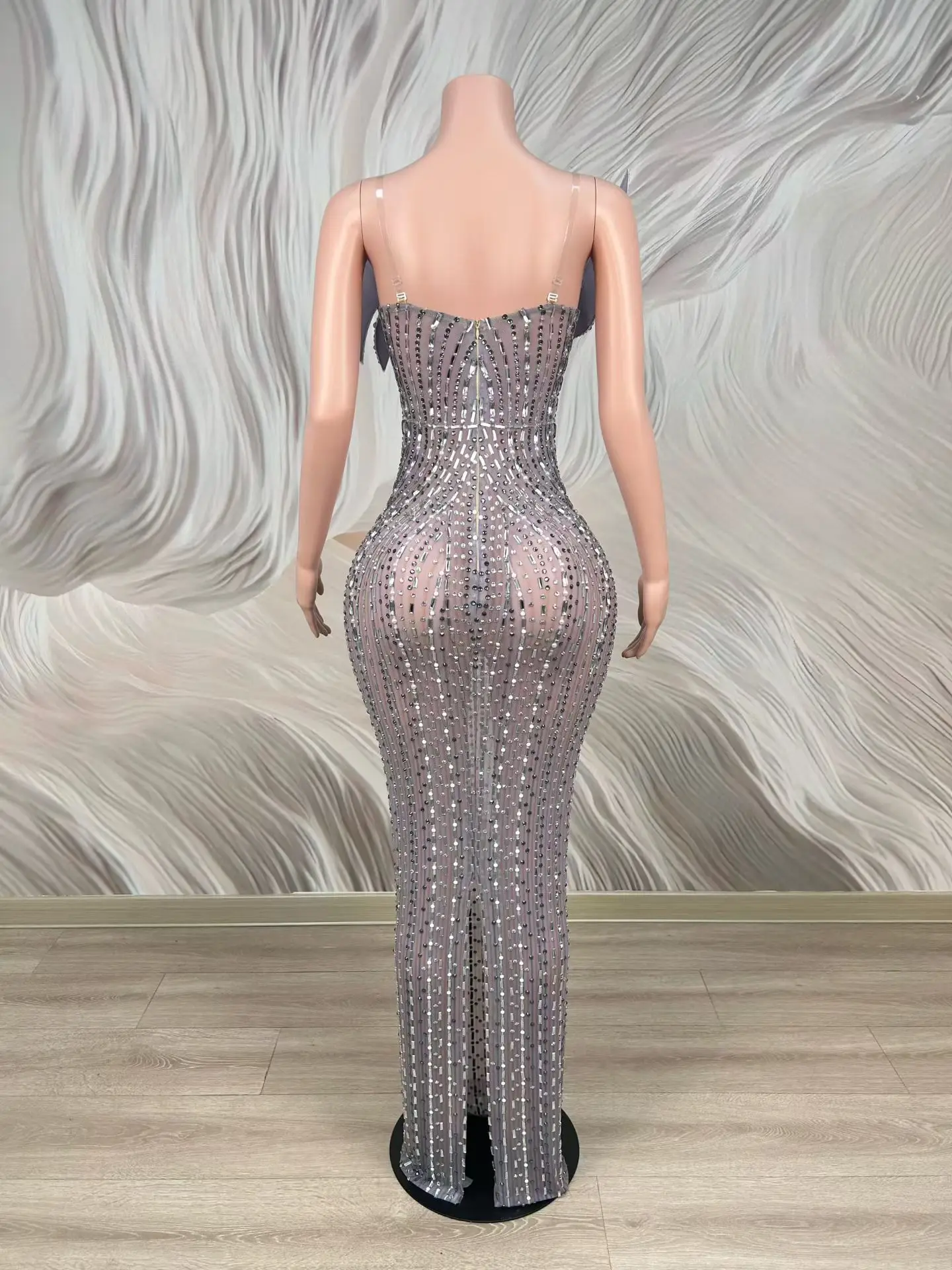 Silver Gradient Rhinestone Mesh Mermaid Maxi Dress Off Shoulder 3D Diamond Cutout Sheer Pageant Stage Sexy Evening Gown Jija