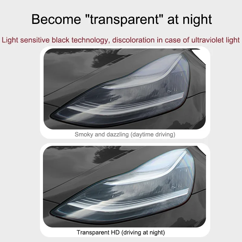 For Tesla Model 3/Y 2017-2022 Headlamp Sticker Taillight Light-sensitive TPU Color Changing Smoke Black Headlight Protector Film