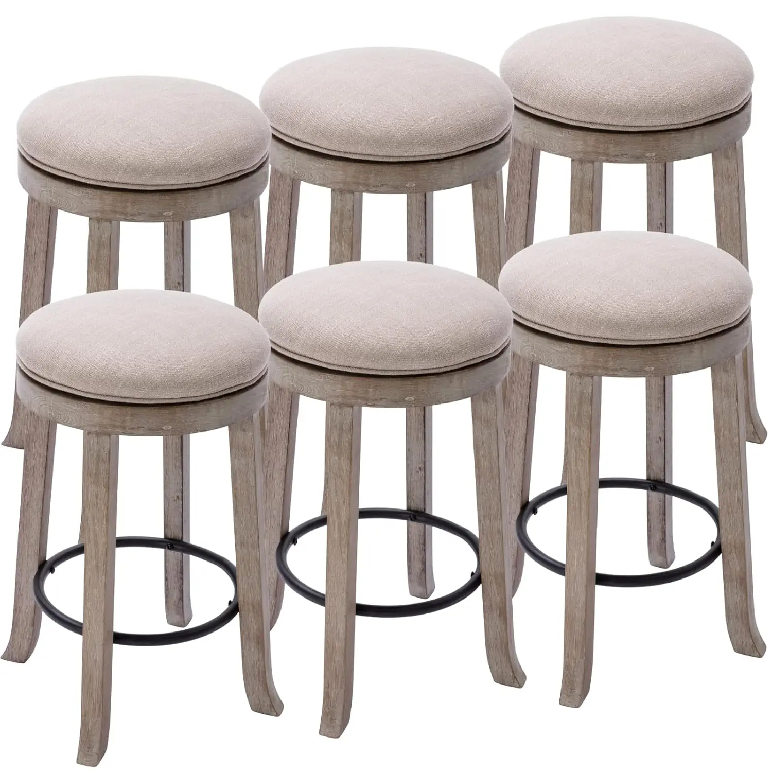 

25.6" Round Backless Swivel Counter Stool Linen Wood Leg Footrest Set 6 Kitchen Island Beige Customized