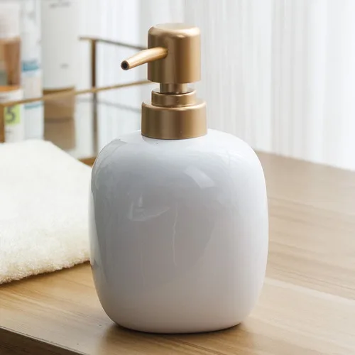 White Ceramic Soap Dispenser with Gold Press
