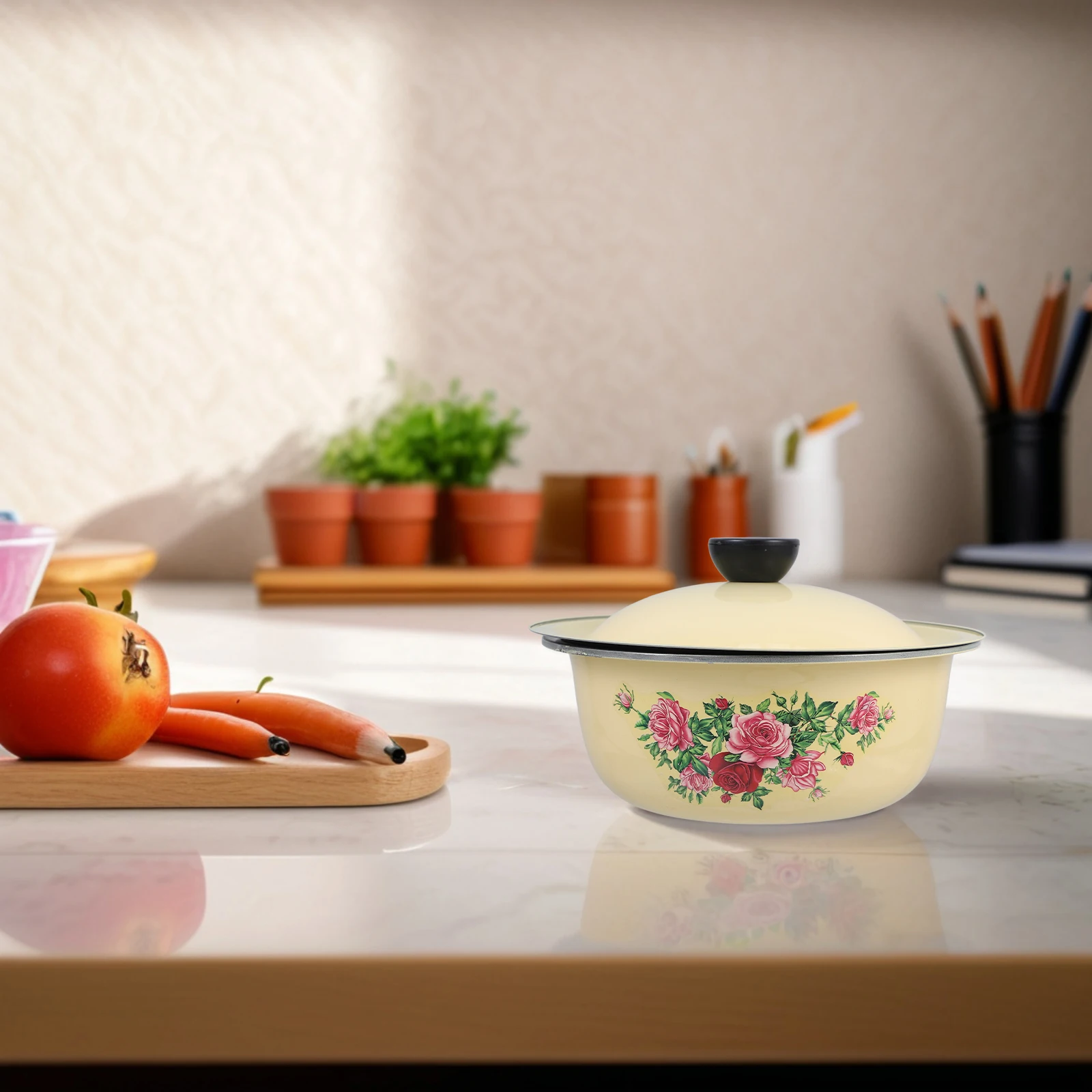 

Retro Enamel Basin Vintage Mixing Bowls Metal Kitchen Pans Dustproof Lid Cereal Storage Stainless Steel