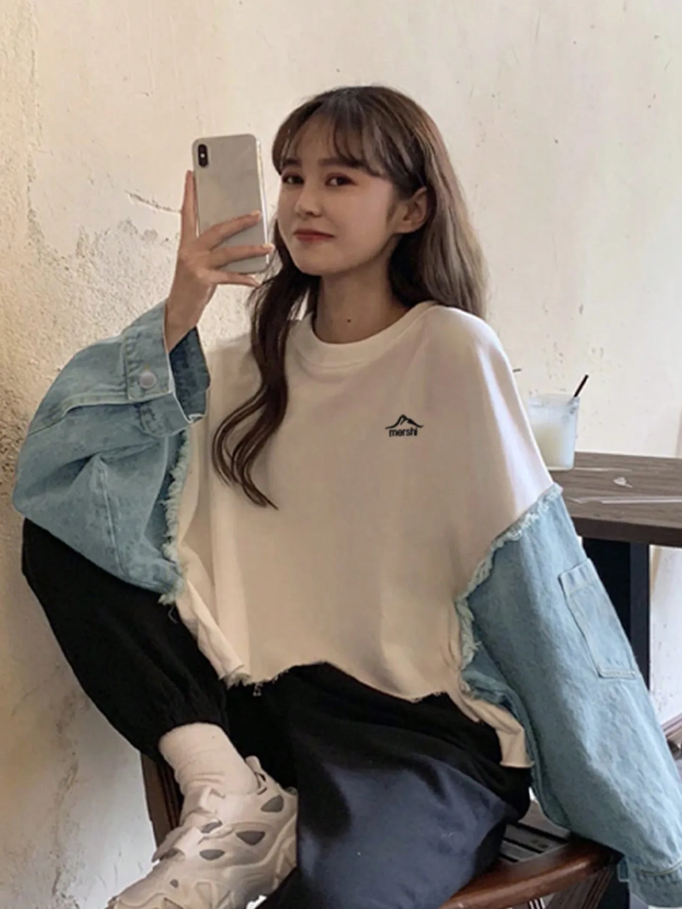 Korean Chic Autum Design Fake Two-Piece Round Neck Embroidered Sweatshirt for Women, Popular Loose Top for Small People,한, Dun,옷