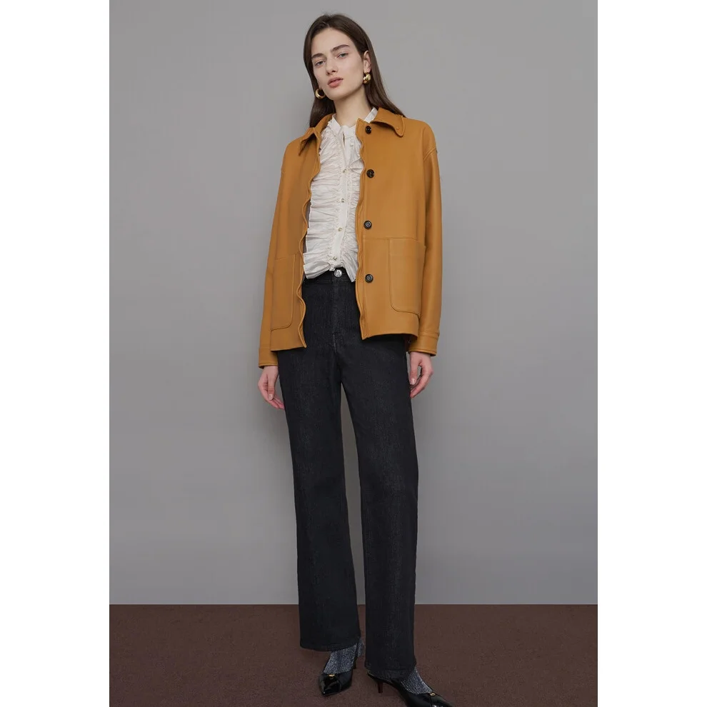 QPP Commute Sle سترة جلدية صناعية مع ياقة كشكش تصميم التخسيس للسيدات Faion قطعة واحدة معطف شتوي طويل Sve