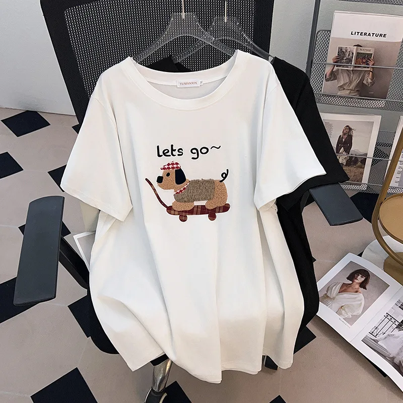 

170Kg Plus Size Women's Bust 170 Summer Loose Short Sleeve Cartoon Dog T-Shirt Black White 4XL 5XL 6XL 7XL 8XL 9XL