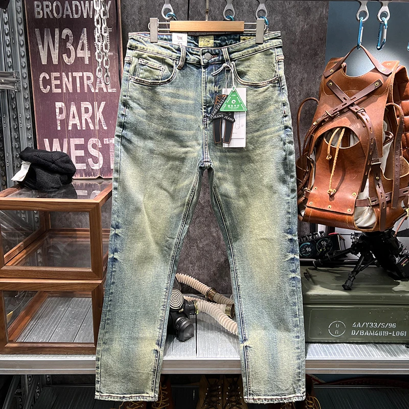 

Мужские винтажные потертые джинсы премиум-класса в американском стиле, осень-зима 2025 года, тонкие эластичные повседневные брюки прямого кроя, высокое качество