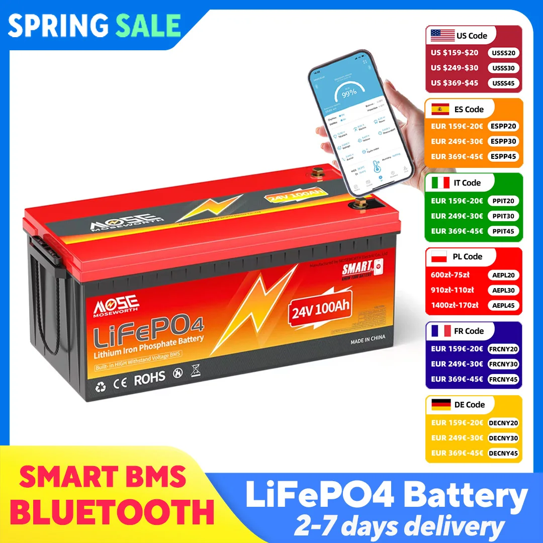 

MOSEWORTH 24V 100Ah LiFePO4 Battery Pack Lithium Iron Phosphate Batteries Built-in Bluetooth BMS 8000+ Cycles For Solar Boat