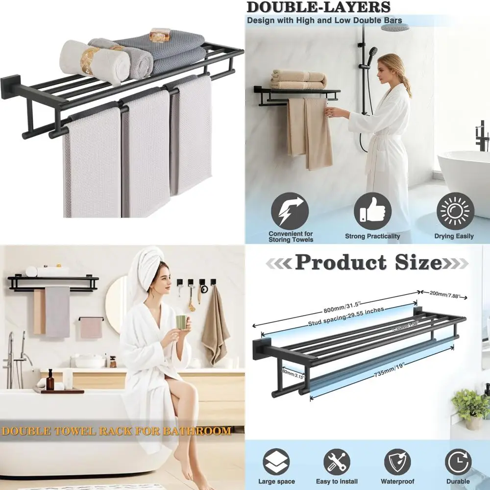 

Stainless Steel Double Towel Bar with Shelf, Wall Mount Bathroom Towel Holder, Matte Black for Modern Home Decor