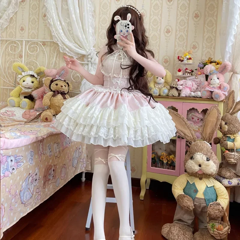 MAGOGO Japanese Sweet Lolita JSK Princess Dress Women Lace Ruffles Party Dresses Girls Harajuku Cute Bandage Y2k Mini Dress