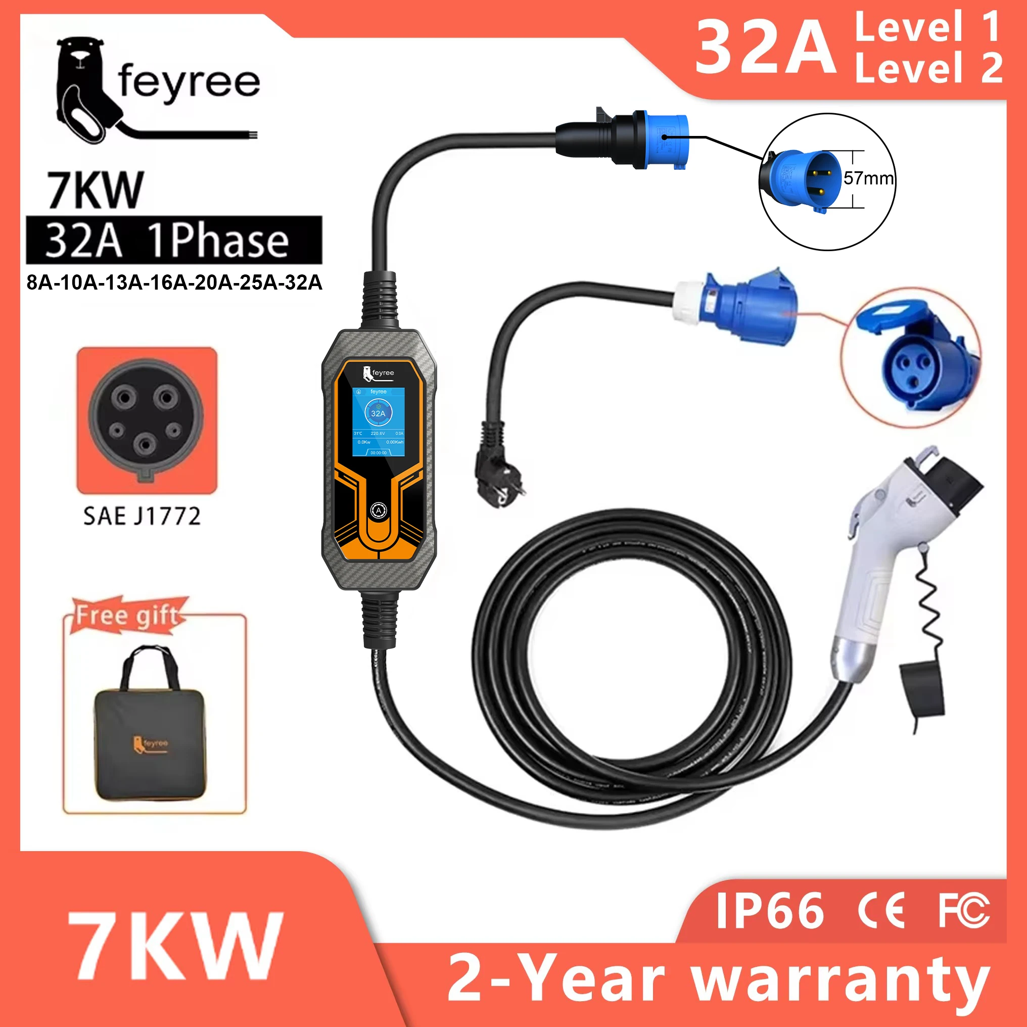 feyree Caricatore portatile EV Wallbox Type1 j1772 7KW 32A 1 fase con spina CEE Scatola di ricarica EVSE per caricatore per auto elettrica Cavo da 5 m