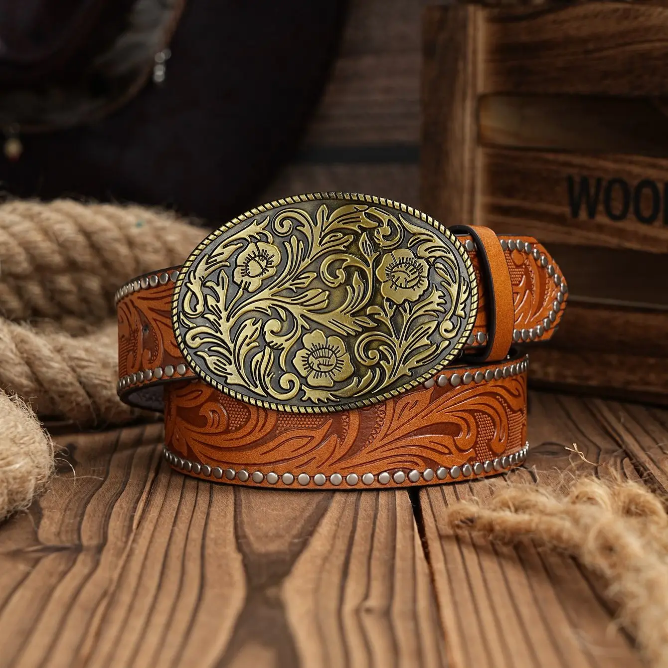 Western Cowboy PU Leather Belt - Men Waist Strap Bull Decoration Floral Engraved for Jeans