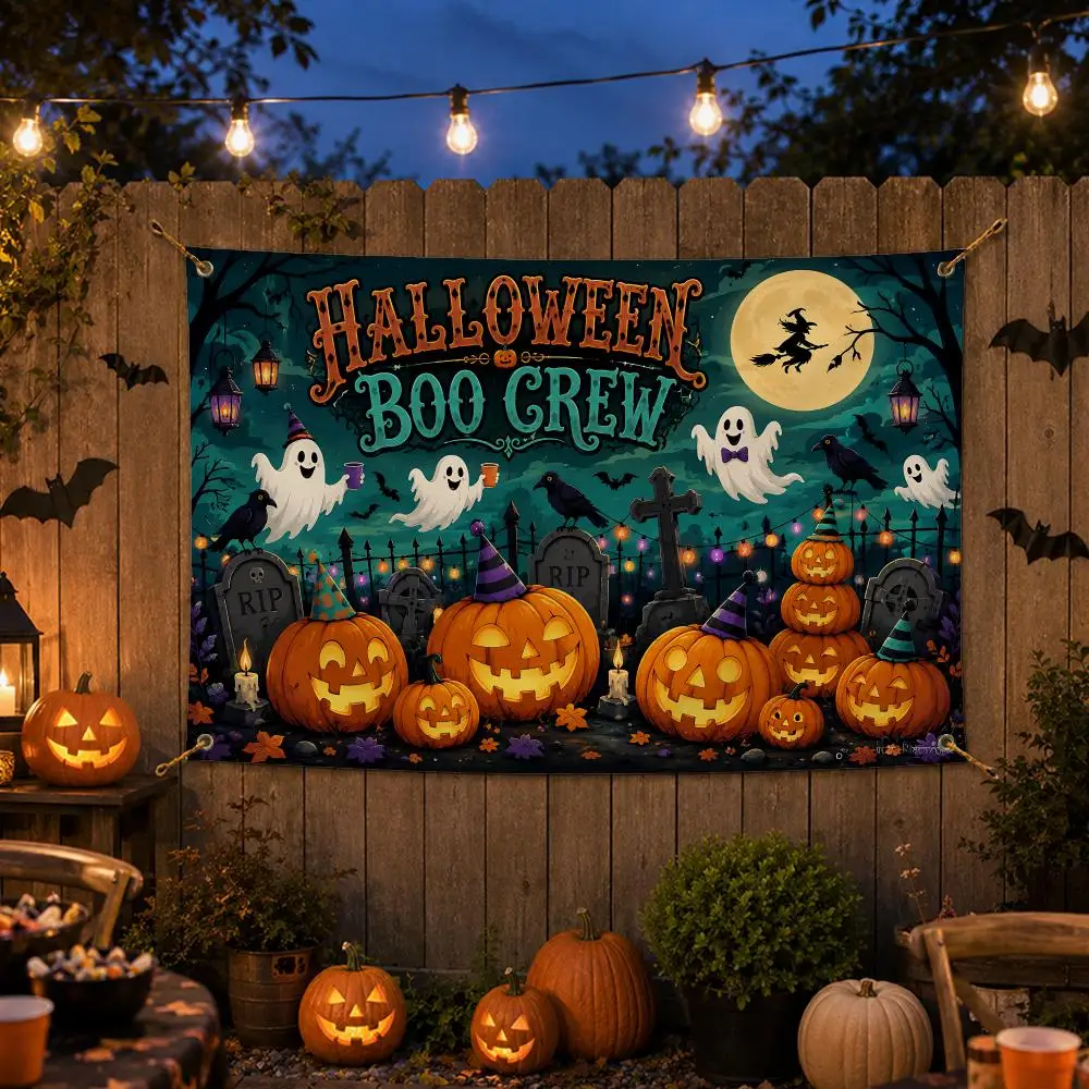 Cartoon Halloween Fun Flags Spooky Halloween Wall Hanging Banner Washable Fade‑Resistant Indoor Outdoor Party Decor