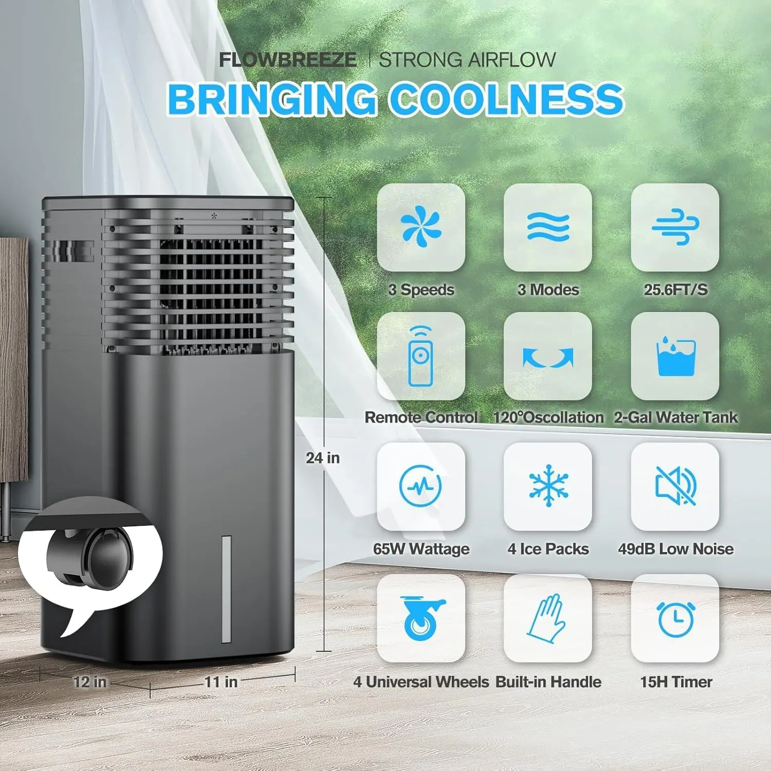 Portable Air Conditioner, 15H Timer & 120°Oscillation, 3-IN-1 Portable AC Unit with Remote, 2-Gal Tank, 3 Modes & 3 Speeds