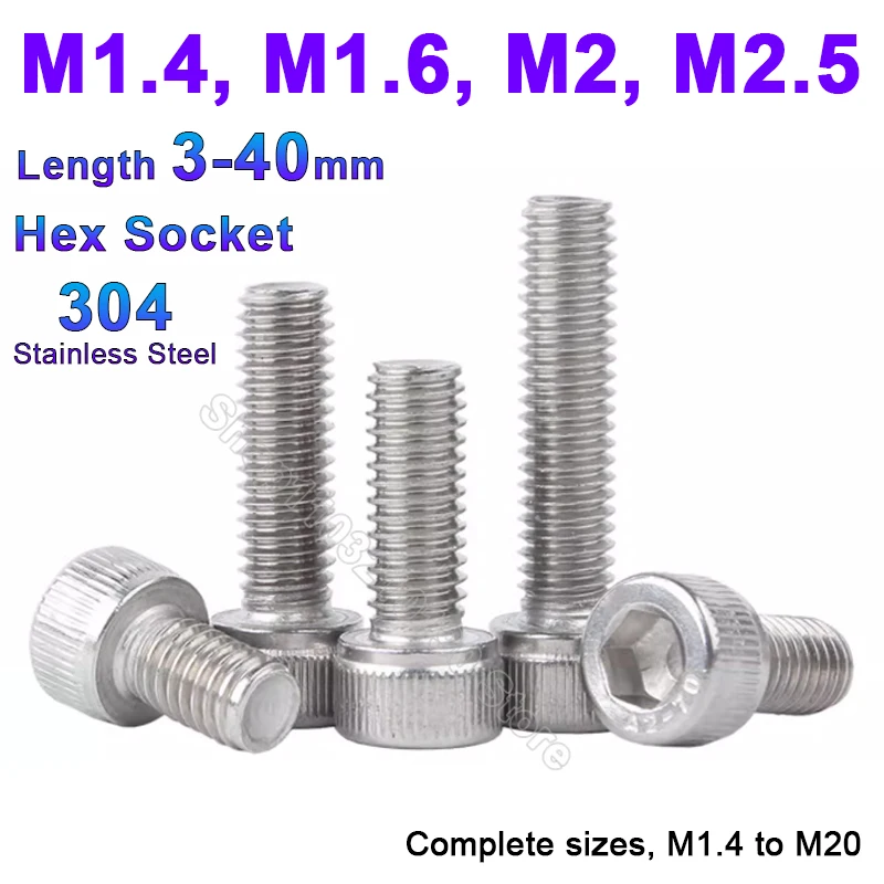 Small M1.4 M1.6 M2 M2.5 304 A2 Stainless Steel Hexagon Hex Socket Cup Head Cap Allen Bolt Screw Length 3 3.5 4 5 6 7 8 9 10-40mm