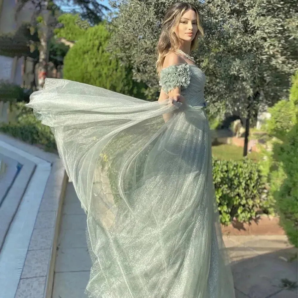 Backless Sweetheart Tulle Long Formal Evening Dresses Flower Sleeves Floor Length A-Line Prom Dress With Belt vestidos de noche image 2