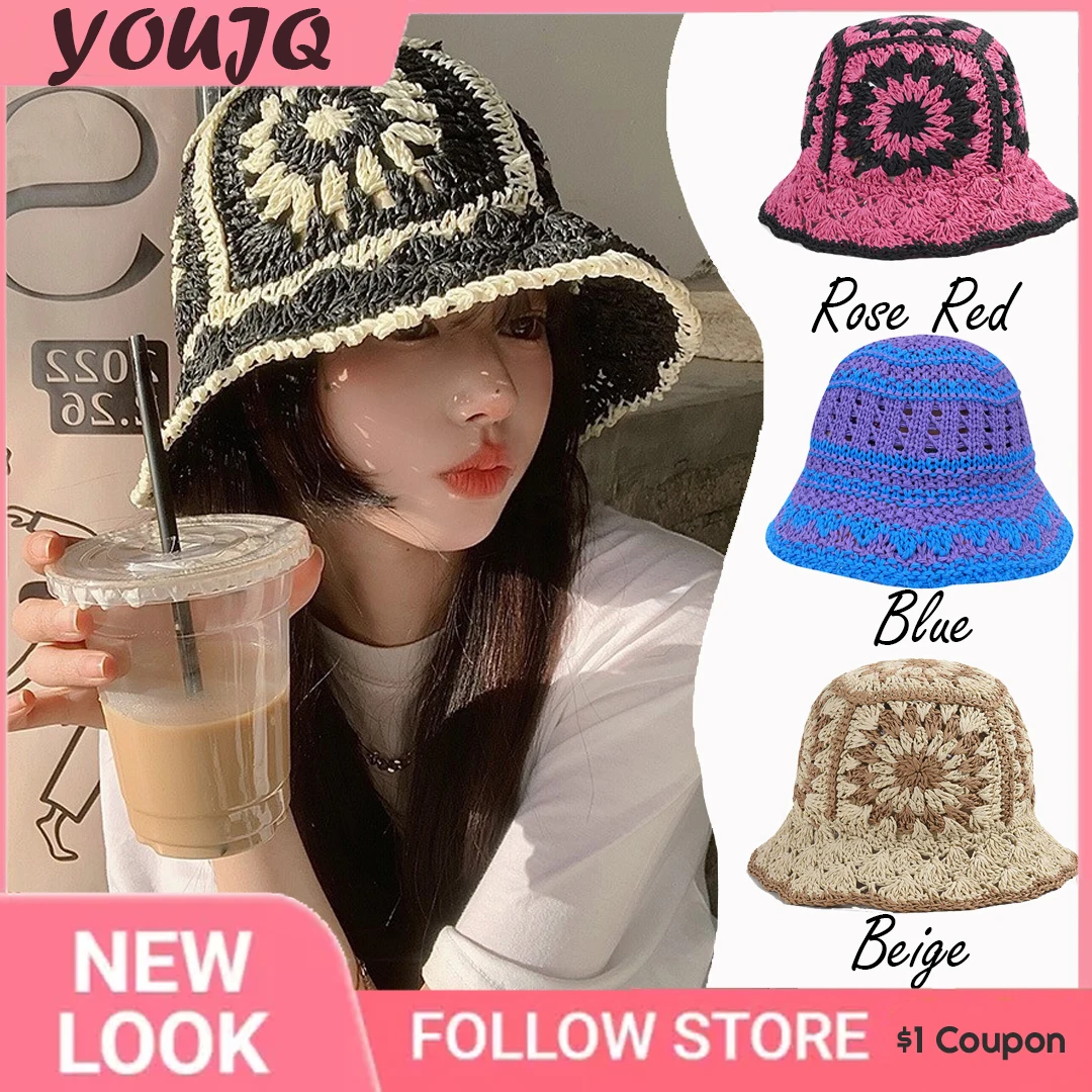 

Japanese Flower Straw Crocheted Bucket Hats for Women Spring Summer Casual Sunshade Beach Hats Foldable Hollow Fisherman Cap