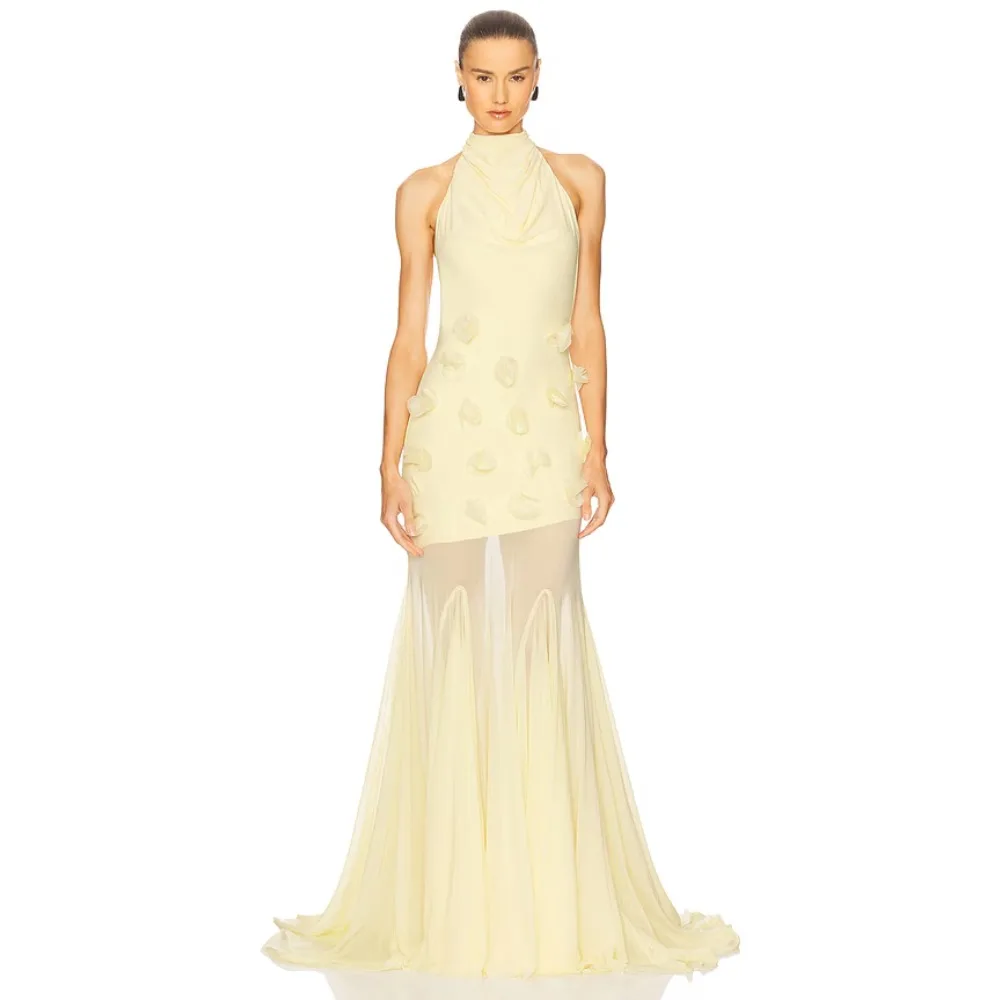 

Индивидуальные вечерние платья цвета сливочного масла с цветочным принтом, макси-платья для вечеринок, элегантные современные вечерние платья А-силуэта с бретелью через шею для женщин 2026