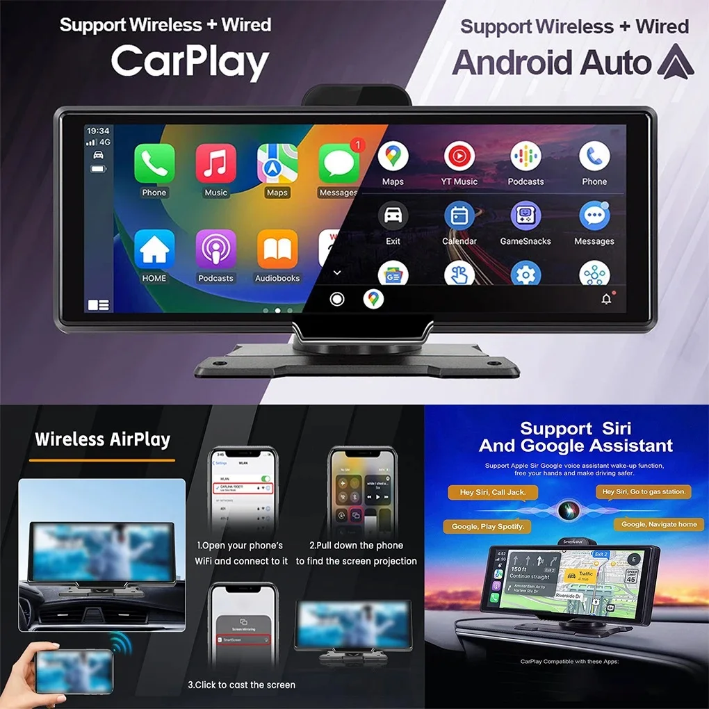 10.26inch Universal Portable Wireless Carplay Dvr Display Android Auto Screen Plug And Play Touch Screen Dashcam 2 Lenses