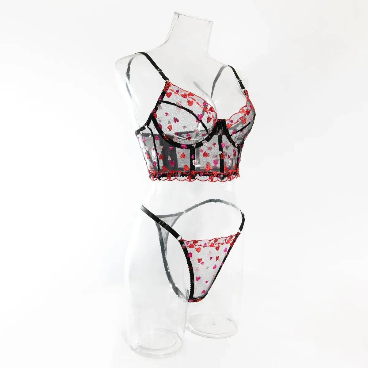 New Women's Sexy Lace Underwear Heart Beautiful Embroidery Mesh Underwire Push-up Bra Set Valentine Day Gift Set