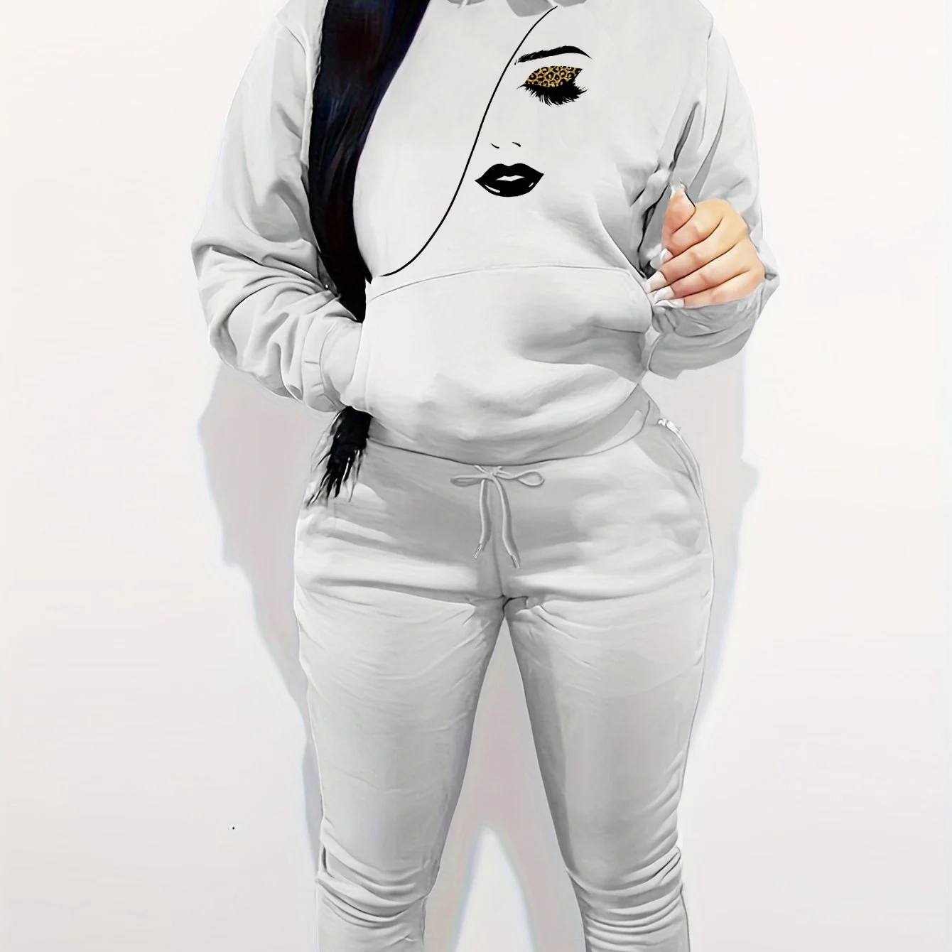 Conjunto de sudadera con capucha gruesa y cálida con estampado de ojos y pestañas informales a la moda para otoño e invierno para mujer + conjunto de pantalones deportivos