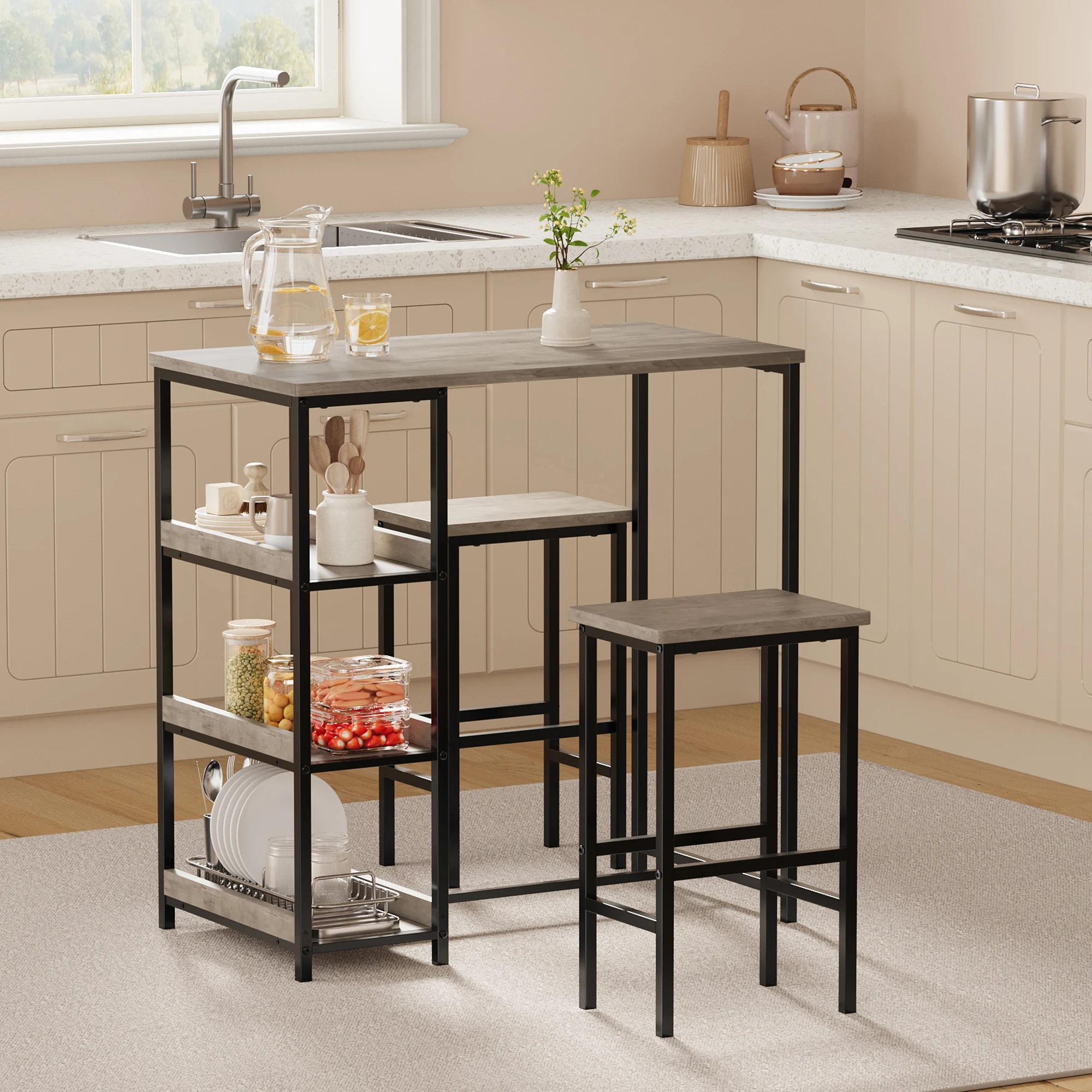 3 Piece Kitchen Table Set with Storage Shelves, Space Saving Dining Table and 2 Bar Stools, Compact Table Set for Small Spaces,