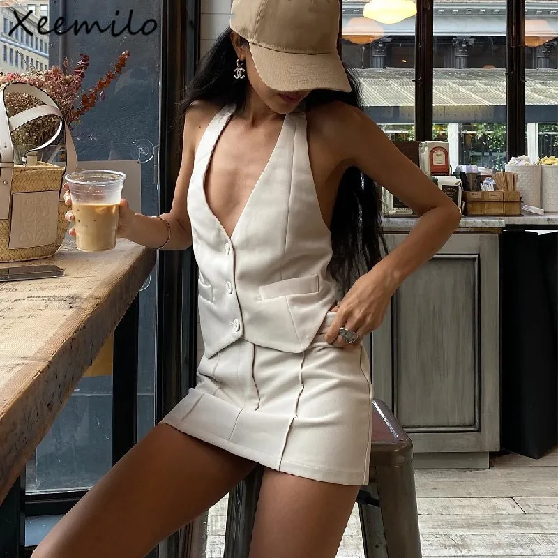 

Xeemilo Fashion Streetwear V-neck Sleeveless Suit Tank Top With High-waist Bodycon Hip Skirt Aesthetic Retro Women 2 Piece Sets