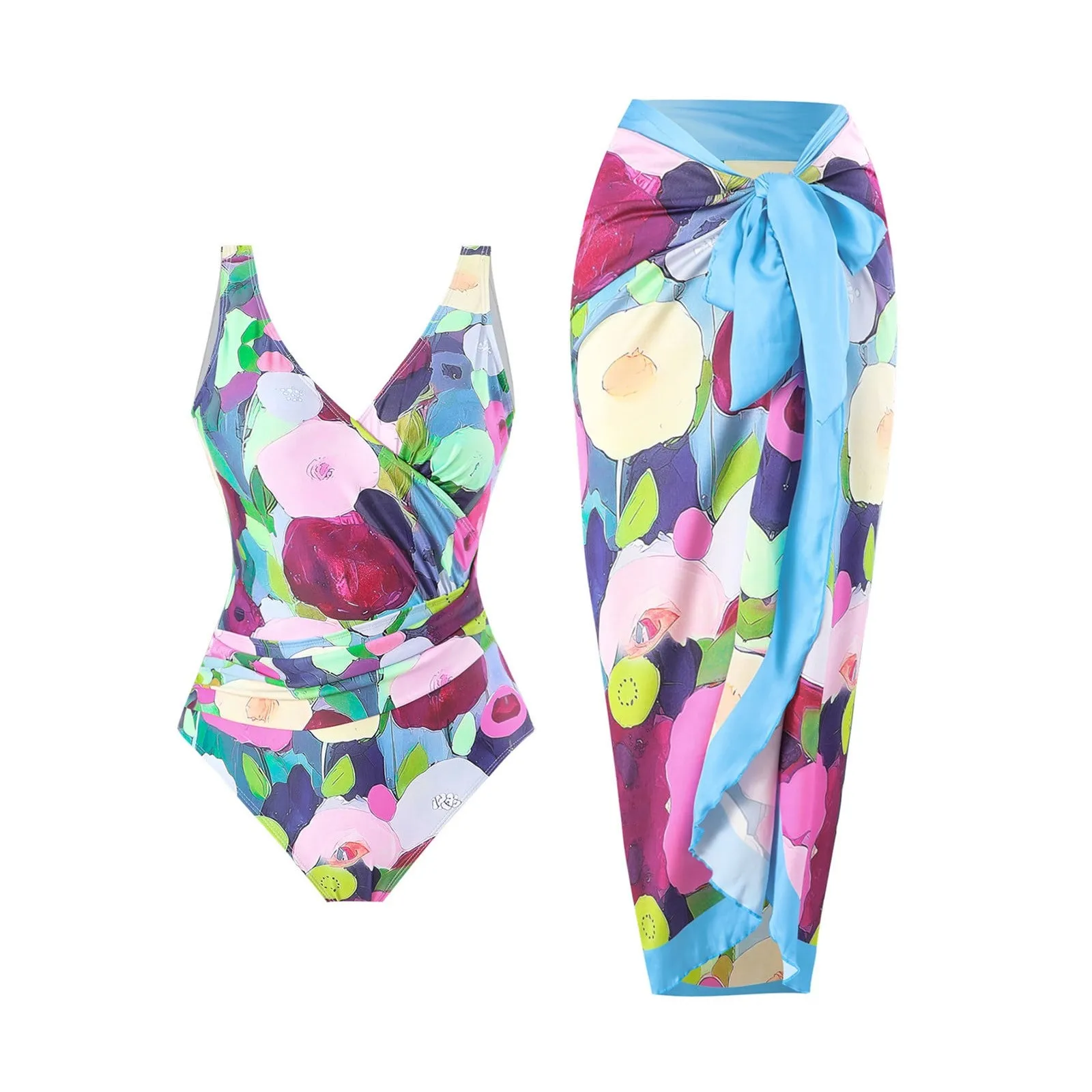 

Women's Retro Fashion V Neck Swimsuit With Beach Cover Up Wrap Skirt Two Bikini Set Men Underwear Bikini