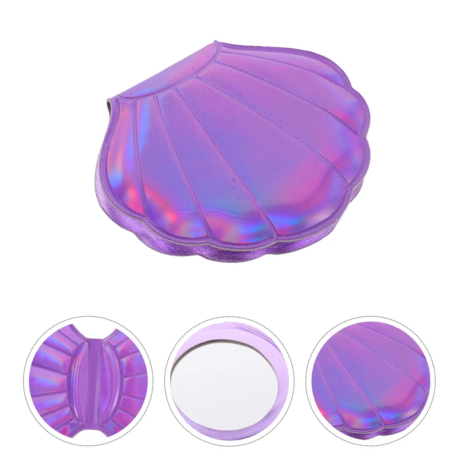 Premium PU Portable Double-Side Makeup Mirror Shell Shape Hologram Finish Hd Reflective Surface for Women Ladies