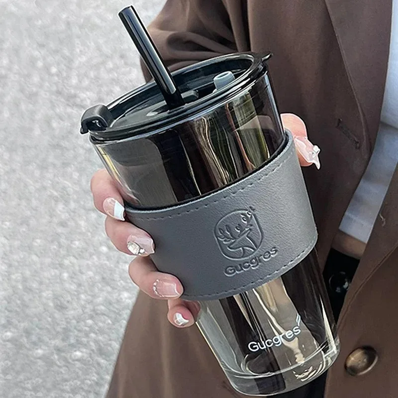 450ML High Beauty Wind Bamboo Glass Cup Summer Straw Large Capacity Women\'s Straw Cup