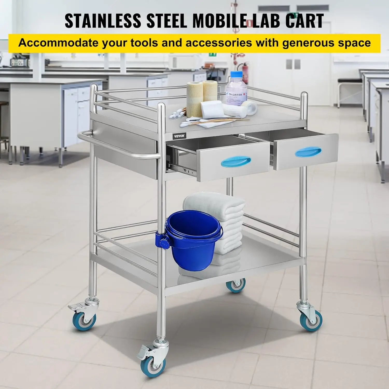 Lab Serving Cart Utility Cart Stainless Steel Medical Cart with Two Drawers for lab Equipment Use Grade I Stainless Steel