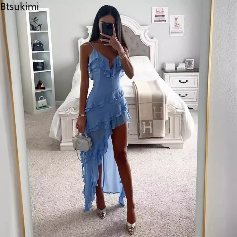 2025 Women's Summer Sexy Ruffles Spaghetti Strap Maxi Dress V Neck Sleeveless Irregular Hem Elegant Beach Party Vestidos Femme