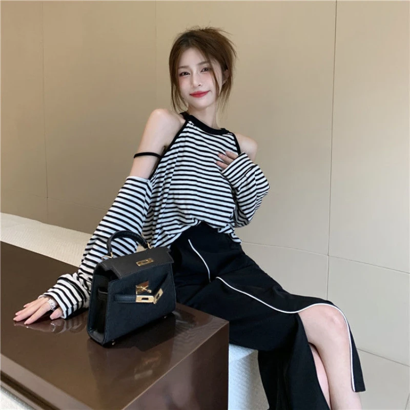 Summer Sexy Off Shoulder Long Sleeve T-shirt New Hollow Out Loose Striped Shirt Tops Korean Fashion and Trend Women Clothing