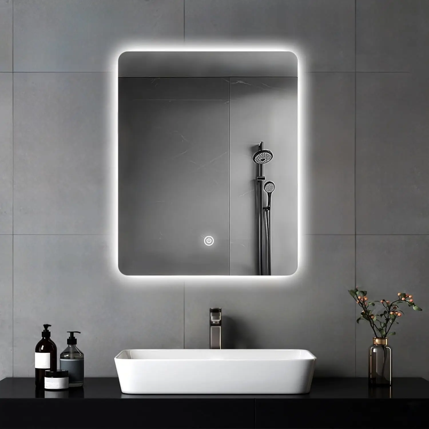 Miroir mural de salle de bain 45x60cm, miroir de salle de bain avec éclairage, miroir avec lumière LED, interrupteur tactile et 3 couleurs à intensité variable