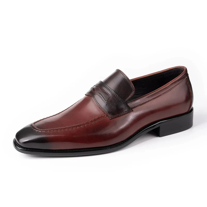 Leather Casual Men Shoes Genuine Cowhide Slip on Fashion Luxury Handmade Business Formal Dress OfficeShoe Wine Red