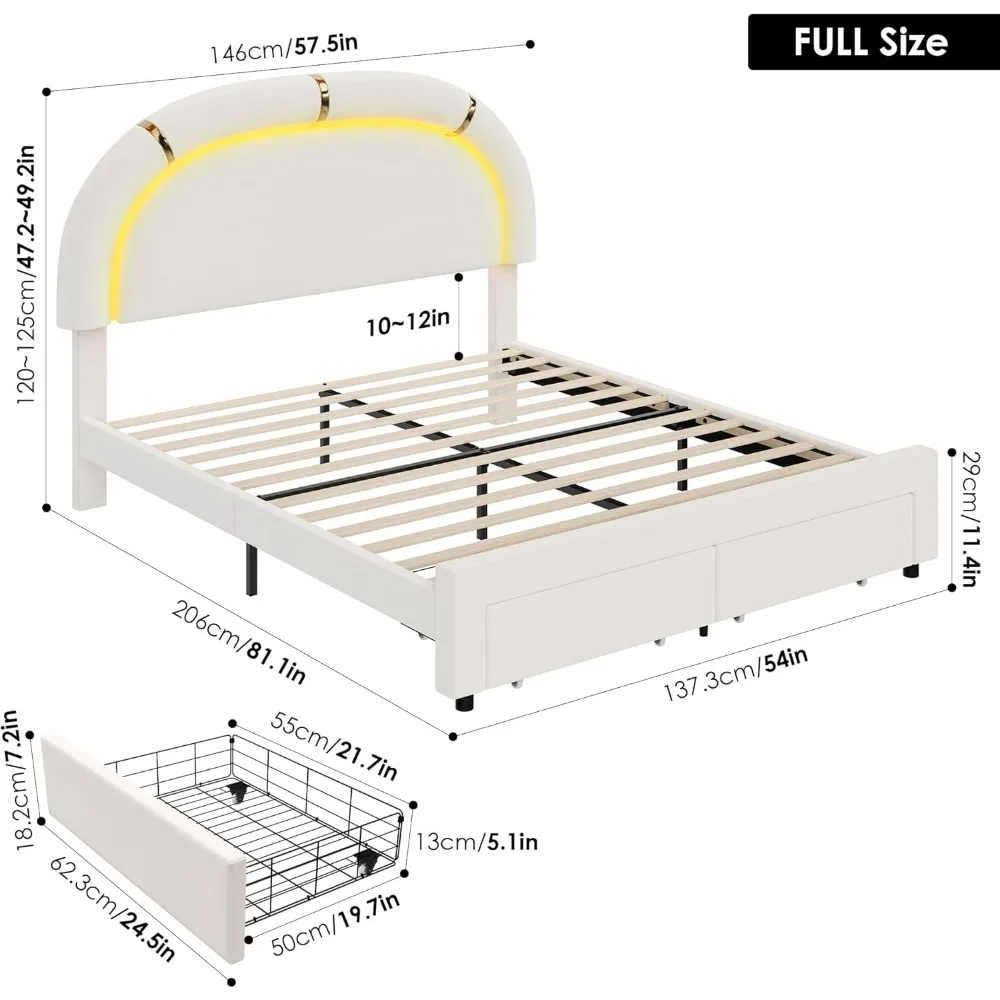 Full Upholstered LED Bed Frame with 2 Storage Drawers and Adjustable Headboard,Bed Frame for Kids,Wooden Slats Suppor,Beige