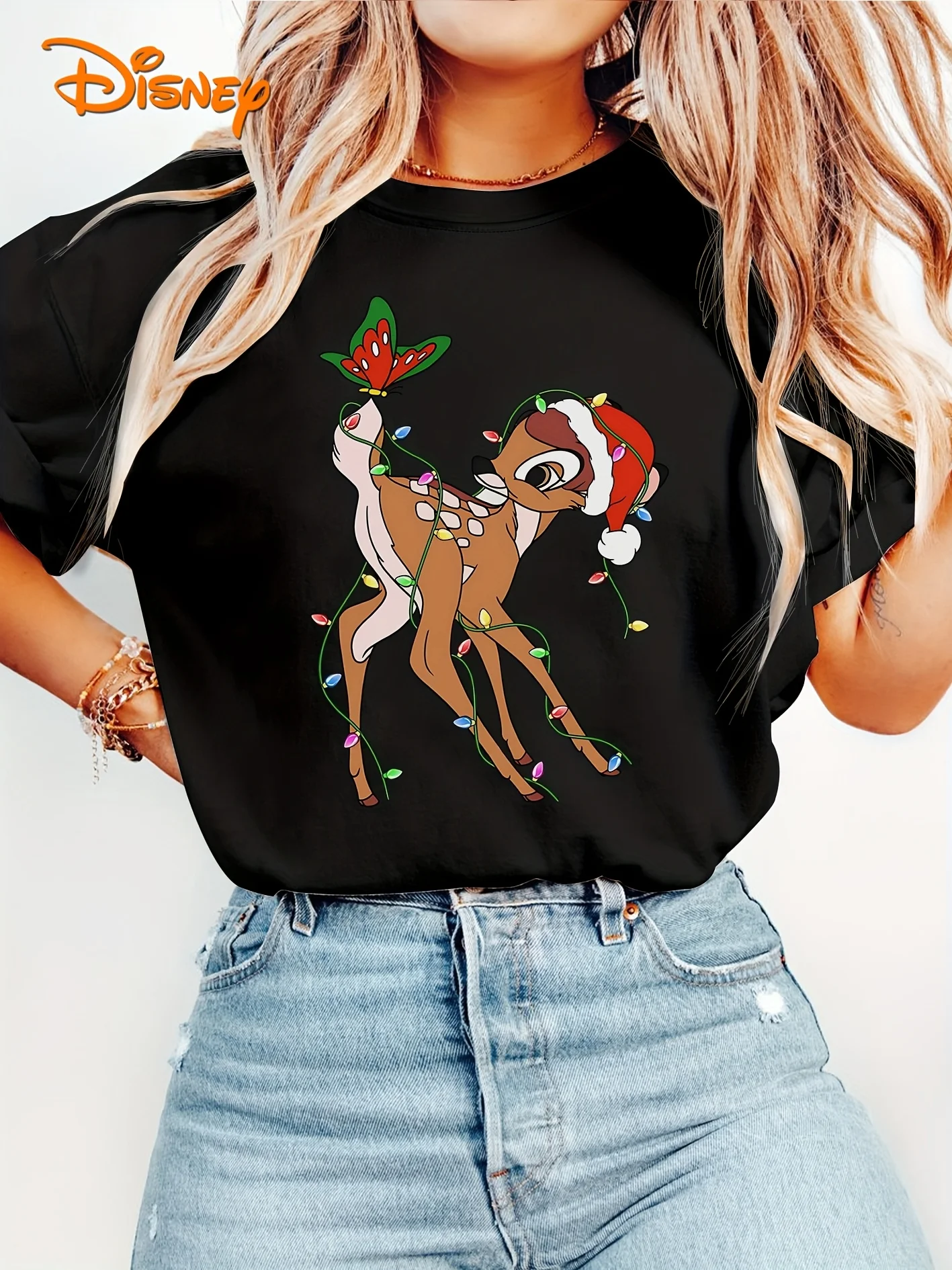 

Disney Officially Authorizes Ladies Bambi Christmas T-shirt - Bambi Wearing Christmas Hat and Rabbit Samp