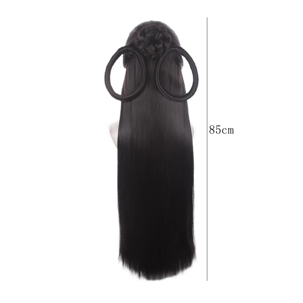 Cosplay Wig Long Natural Black Straight Double Loops Center Part Tendrils Side Tails Synthetic Heat Resistant Anime Women