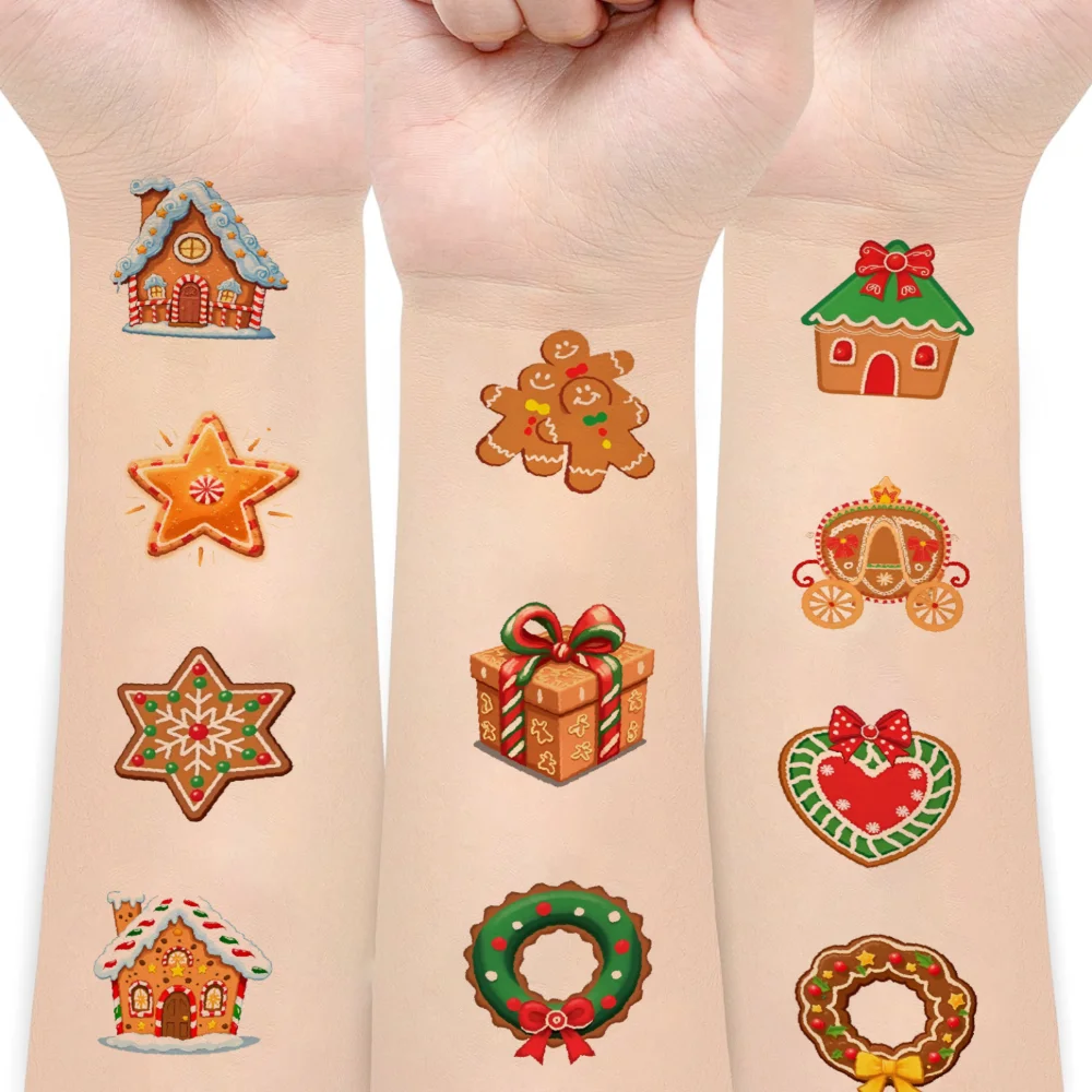 54pcs Temporary Tattoo Christmas Stocking Waterproof Long-lasting Body Stickers Gingerbread Man Gingerbread House For