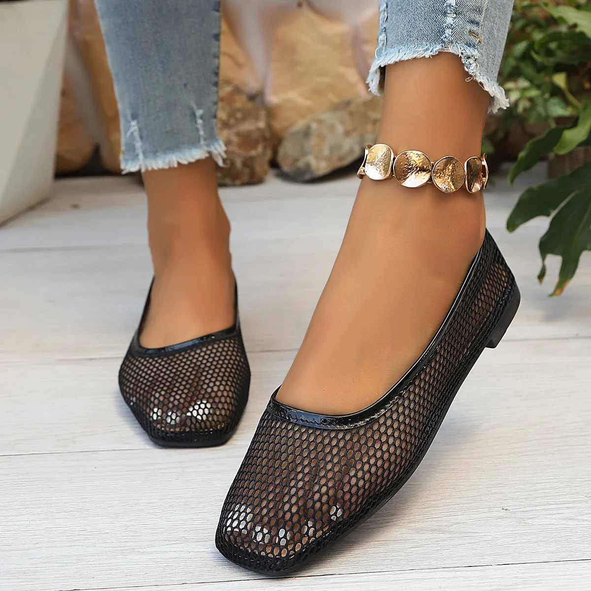 Women Square Toe Mesh Ballet Flats, Breathable Sheer Mesh Slip On Flat Shoes, Summer Hollow Out Casual  Walking Shoes