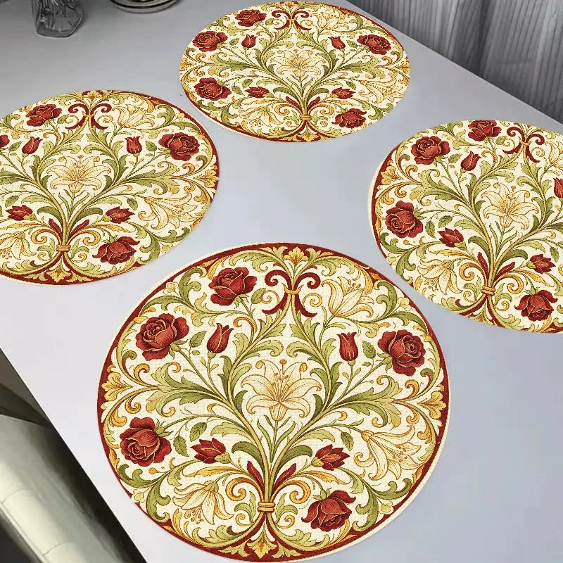 VIKAMA European Retro Round Linen Placemat Heat-Insulating Washable Wear-Resistant Dining Table Mat Dining Table Decoration