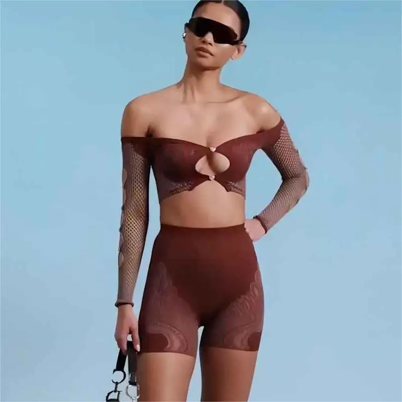 Sexy Summer Thin Off SHoulder Full Sleeve Hollow Top+Elastic Matching Shorts Mesh Patchwork 2 Piece Set Sheer New Clubwear