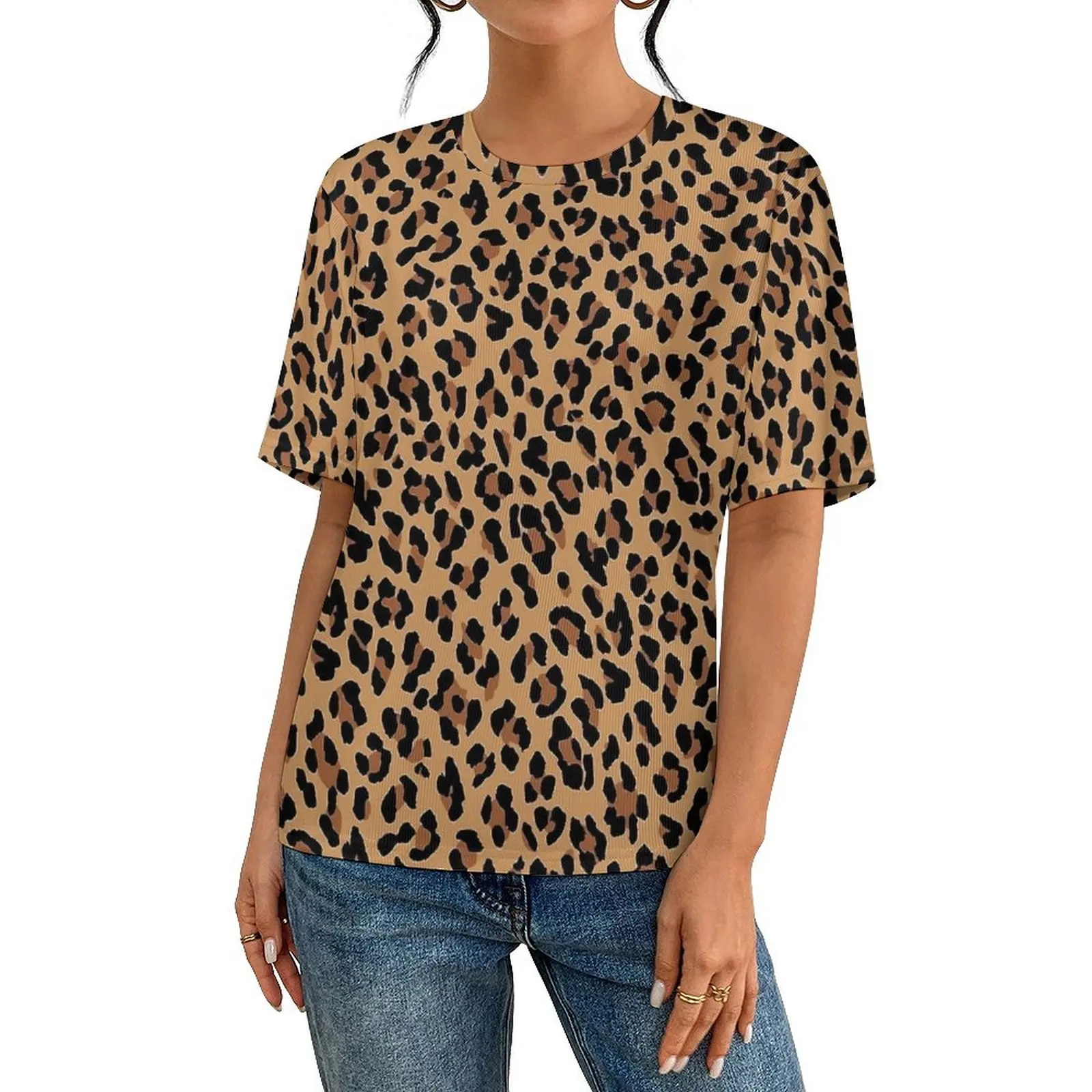 Tan Leopard Print T Shirt For Male Animal O Neck T-Shirts Summer Trendy  Clothing Short-Sleeve Oversized Tees Birthday Present