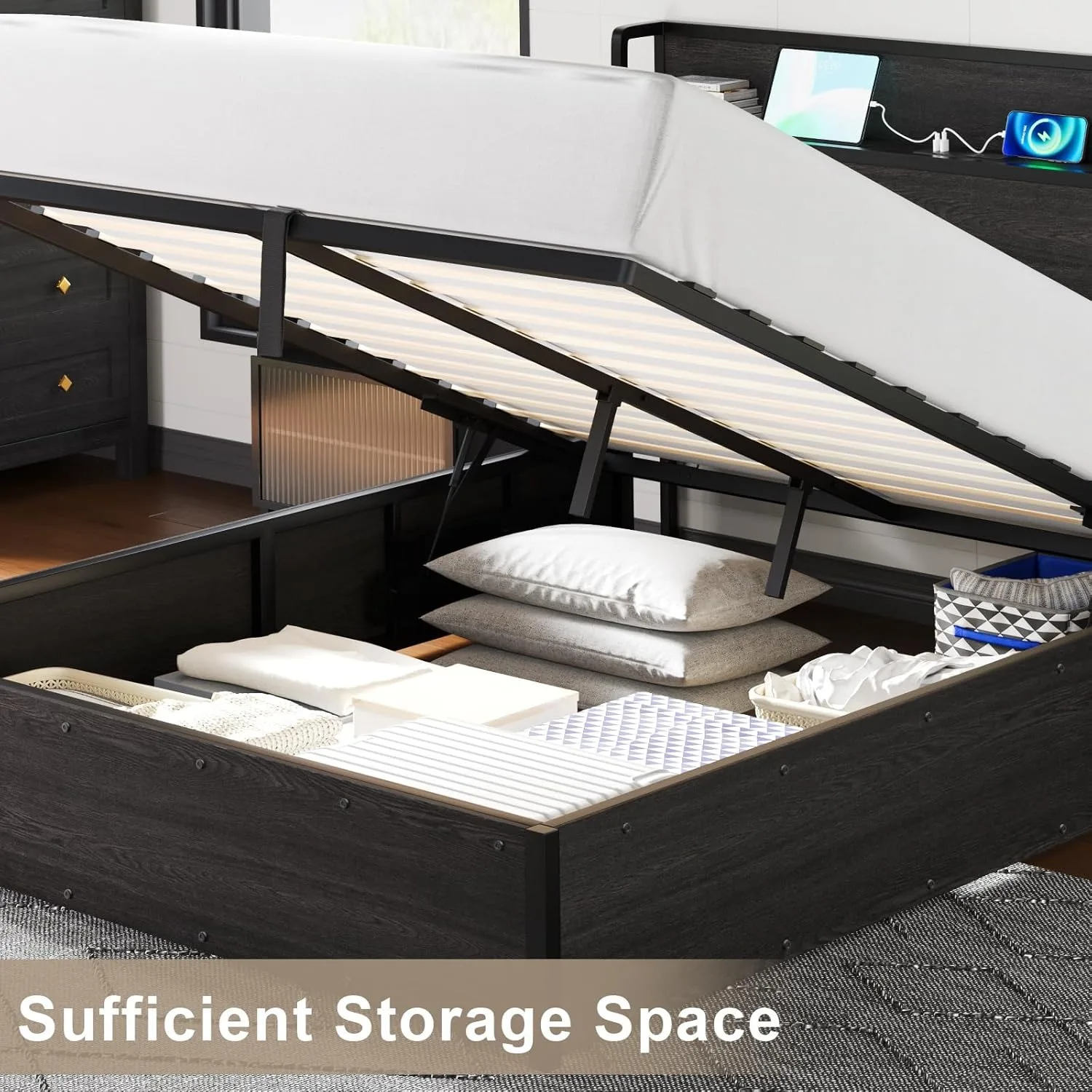 Full Size Lift Up Storage Bed Frame, Wooden Platform Bed Frame with Lifting Storage & Charging Station, No Spring Box Needed