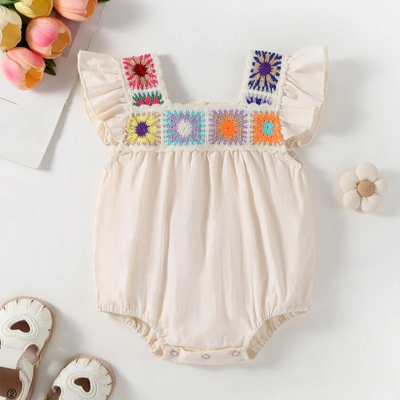 Summer 0-18M Baby Girls Soft Cotton Romper with Crochet Patchwork 2026 Newborn Embroidery Flutter Sleeve Bodysuit Clothes