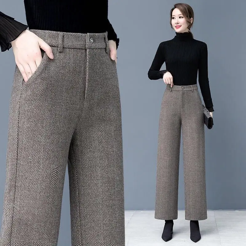 

2024 Woman Spring Winter New Loose Straight Pants Female High Waist Fashion Woolen Warm Trousers Ladies Slim Pants H134